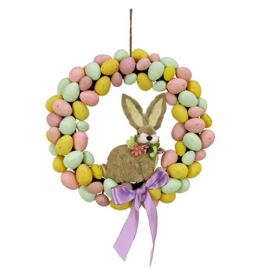 Artificial Hanging Wreath, Woven Branch Base, Decorated with Pastel Eggs, Ribbon, Bunny, Easter Collection, 16 Inches